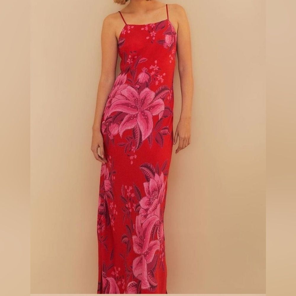 FARM Rio Red Maxi Dress with Pink Floral Print